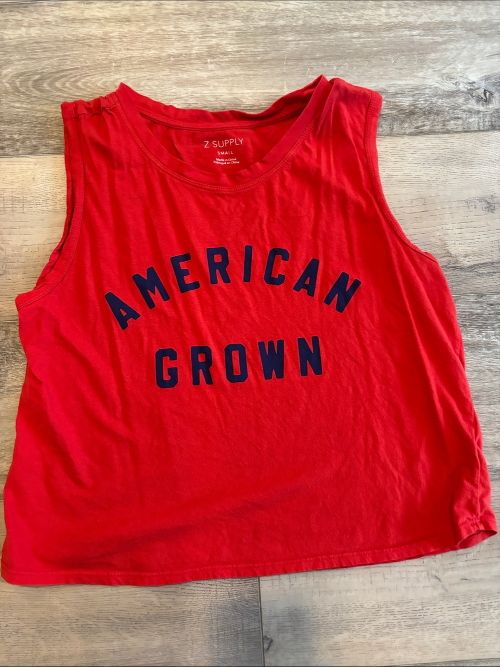 Z Supply Red Sleeveless Tank with Navy 'American Grown' Graphic